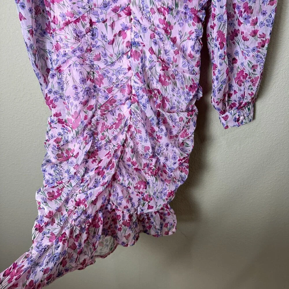 ZARA Purple Pink Floral Ruched Sheer Long Sleeve Mini Dress Size Small